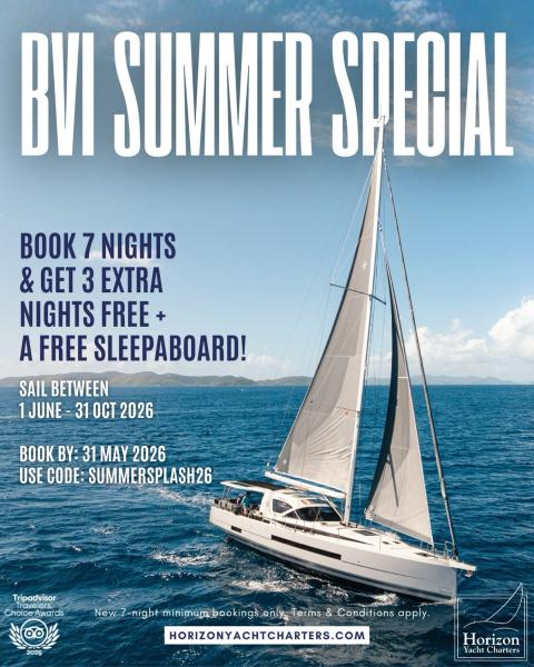 This is not an April Fools prank 🤪 Our Summer Splash Special is live! ☀️ Book 7 Nights and Get 3 Extra Nights FREE PLUS a FREE Sleep aboard to extend your summer vacation! 

🗓️ Book by: May 31, 2026
🌴Charter between: June 1 - October 31, 2026
📍BVI 
🎟️ Use Booking Code: SummerSplash26
⛵️Offer applicable to: all available BVI Catamarans & Monohulls

Take advantage of this deal👇
📧 res@horizonyachtcharters.com
🔗link in bio for yachts and charter experiences
 
Important Details:
New 7-night minimum bookings only. Discount applies to the bareboat fee only. Captain or instructor available at additional cost. Cannot be combined with any other discount or special offer. Subject to availability. Terms & Conditions apply.

#flashsale #horizonyachtcharters #sailingcharters #caribbeanescape traveldeal
